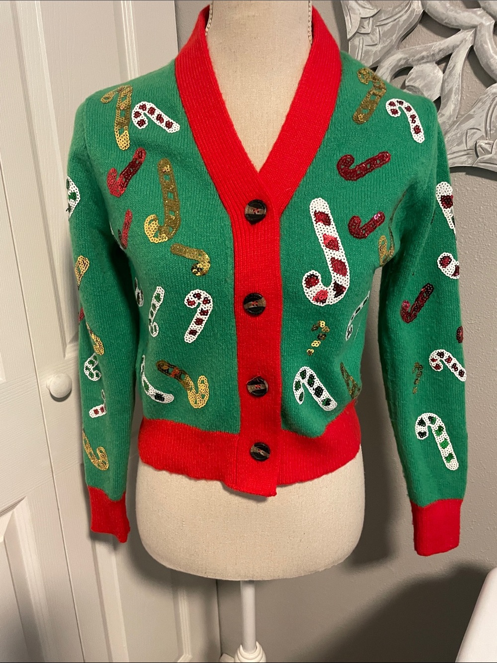 Poof! Green and Red Candy Cane Sequin Cardigan